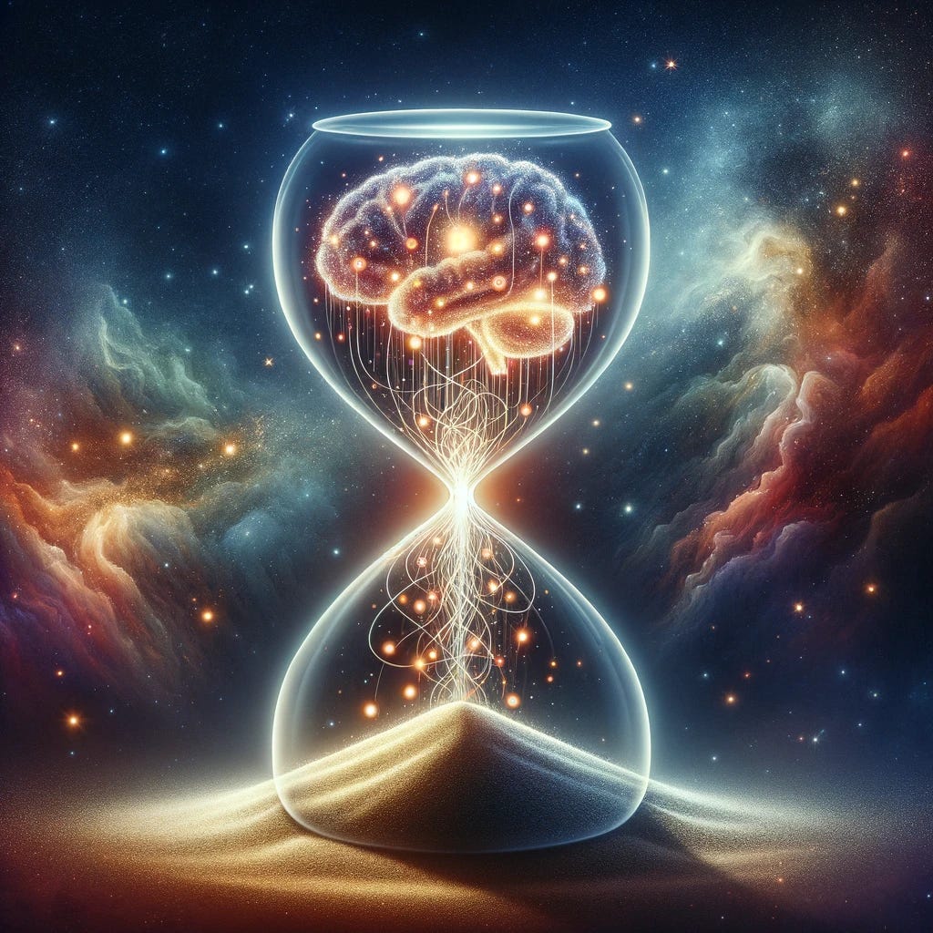 A creative illustration showing the connection between the thermodynamic arrow of time and memory. The image is centered around a large, flowing hourglass, representing the irreversible flow of time in thermodynamics. The top half of the hourglass, filled with sand, symbolizes the past, and the grains of sand flowing down are transforming into countless tiny, glowing dots, representing individual memories. These memories are connected by thin, luminous threads, creating a complex network that weaves into the shape of a human brain in the bottom half of the hourglass. This brain glows with a soft, warm light, symbolizing the storage of memories. The background of the image is a cosmic setting with stars and nebulae, highlighting the universal nature of time and memory. The entire scene conveys the idea that as time moves forward, our experiences become memories, stored in the brain, illustrating the intrinsic link between the thermodynamic arrow of time and the concept of memory.