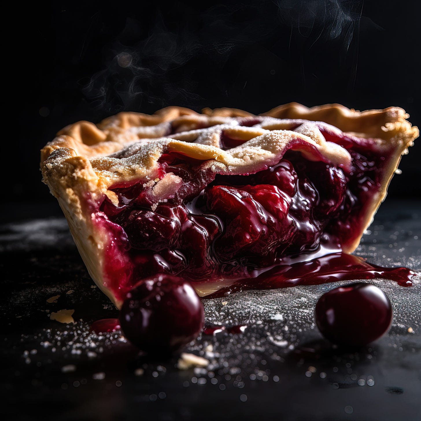 Cherry pie, fruit exposed, dark background