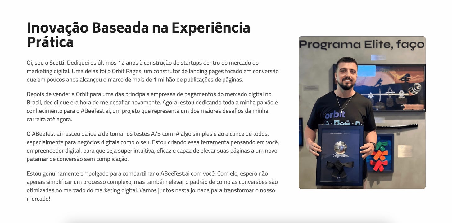 Prova social apresentando o founder do AbeeTest.ai