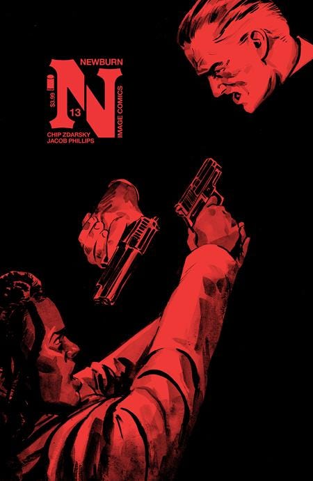 Cover for Newburn #13, black background with Newburn and Emily pointing handguns at each other. Figures in red.