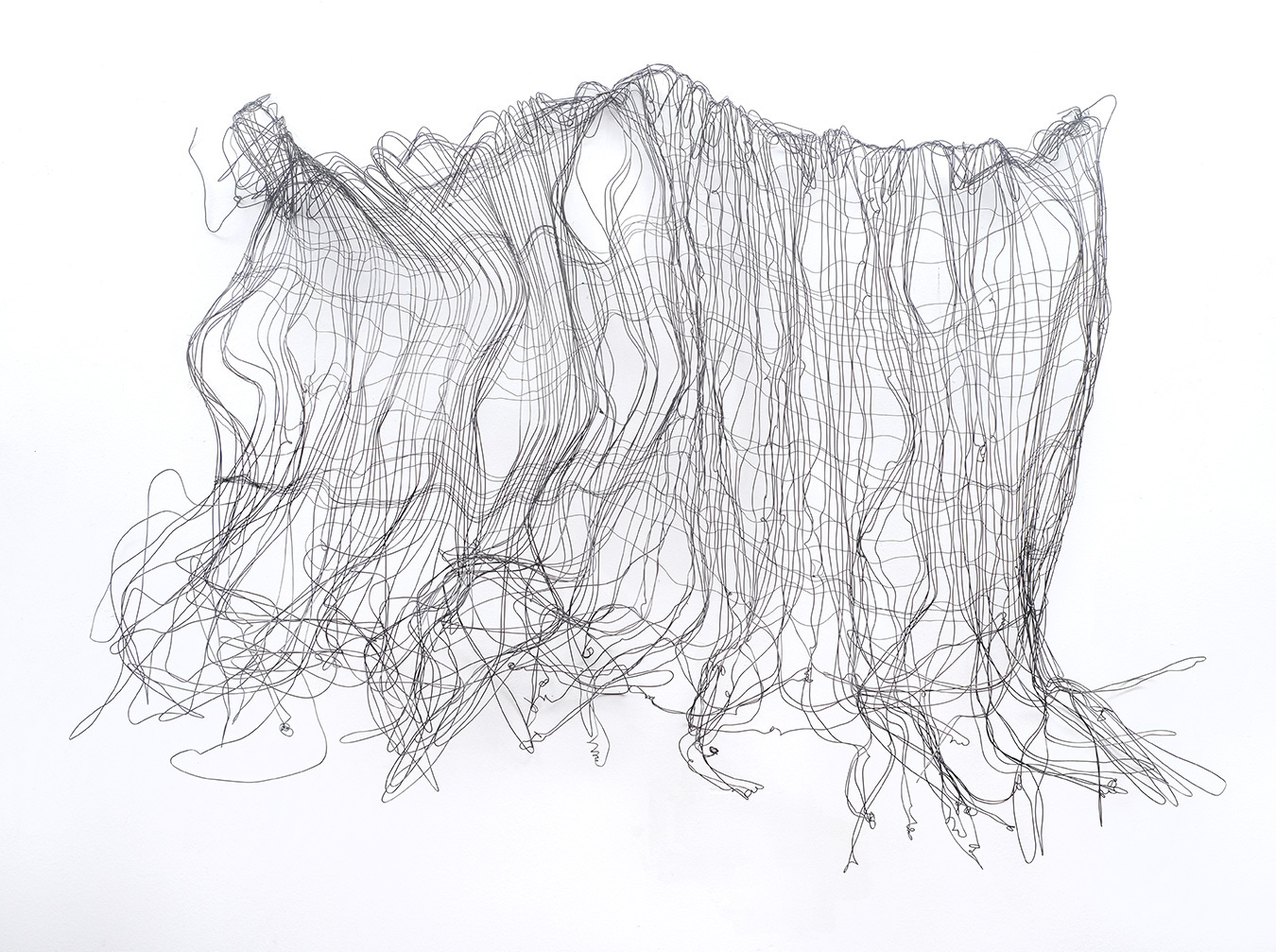 A black and white abstract drawing consisting of numerous curving and intersecting lines. The lines form a chaotic, web-like pattern across the image, creating an intricate and complex visual texture similar to a net. 