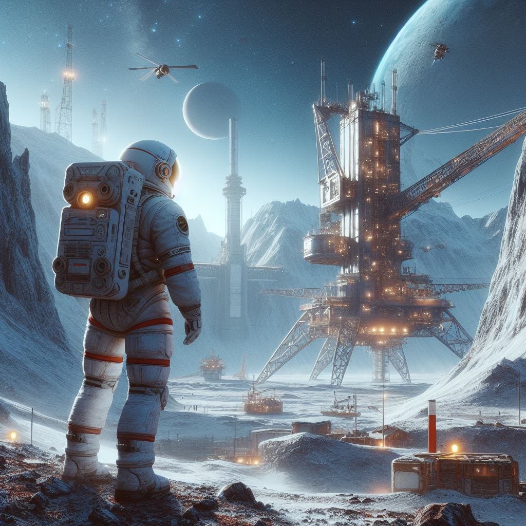 astronauts on europa, standing near a cliff and large mining tower