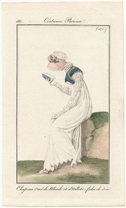Decorative book plate that shows a regency woman hunched over a tiny book. 