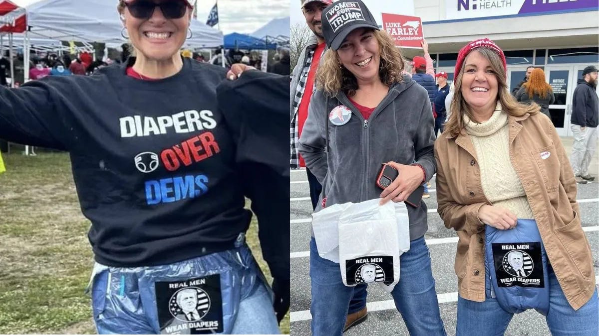 Trump supporters wearing adult diapers with the slogan "diapers over dems"