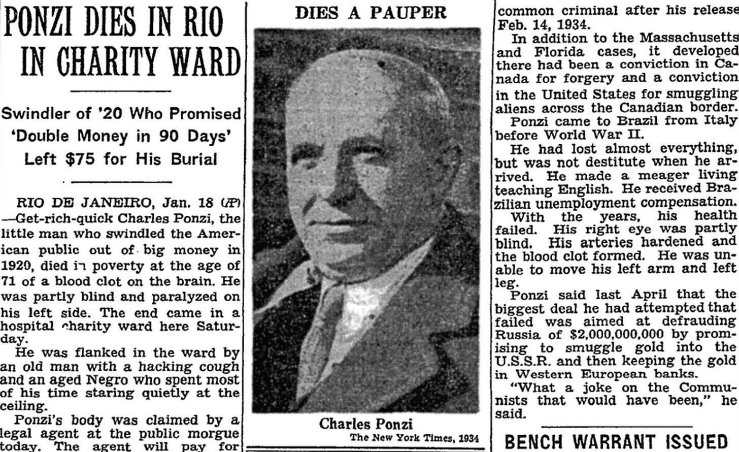 The New York Times Archives on X: "A destitute Charles Ponzi died in Brazil  66 years ago today. http://t.co/hOTorY6zuz http://t.co/lsDHzJqghz" / X