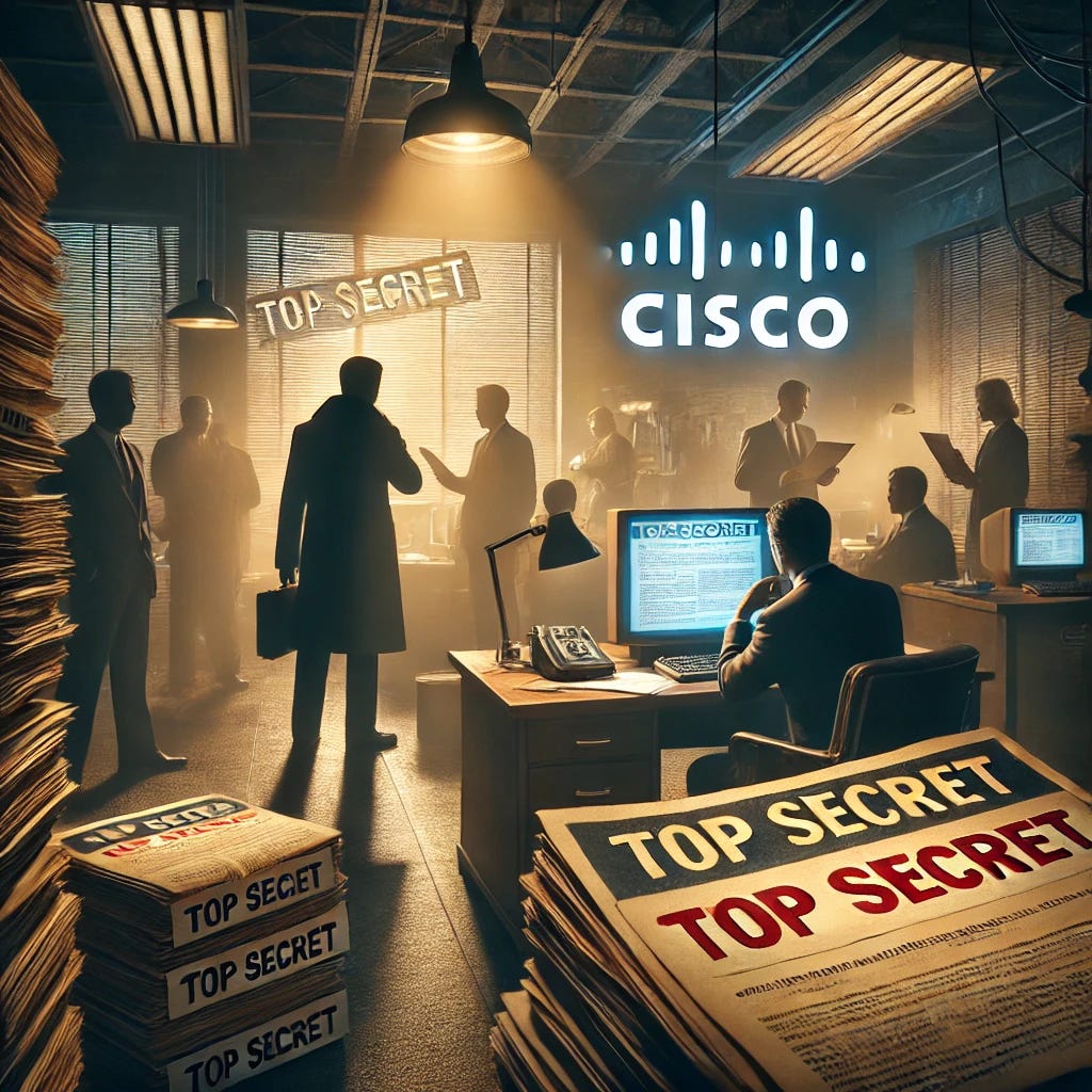 A dramatic depiction of a corporate scandal involving Cisco, inspired by the Watergate scandal. The scene shows a dimly lit office with stacks of confidential documents marked 'Top Secret,' a computer screen displaying leaked emails, and shadowy figures discussing in secrecy. A journalist is seen taking notes while a security officer looks suspicious. The atmosphere is tense, with a hint of espionage and corporate intrigue.