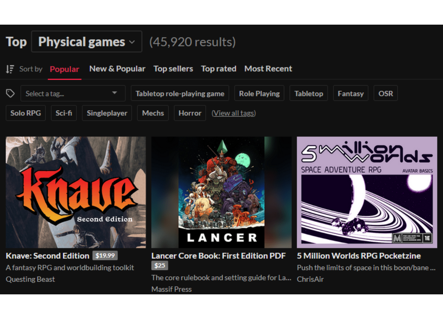 a screenshot of itch.io’s Top Popular Physical Games page. 5 Million Worlds RPG is #3 behind Knave and Lancer!