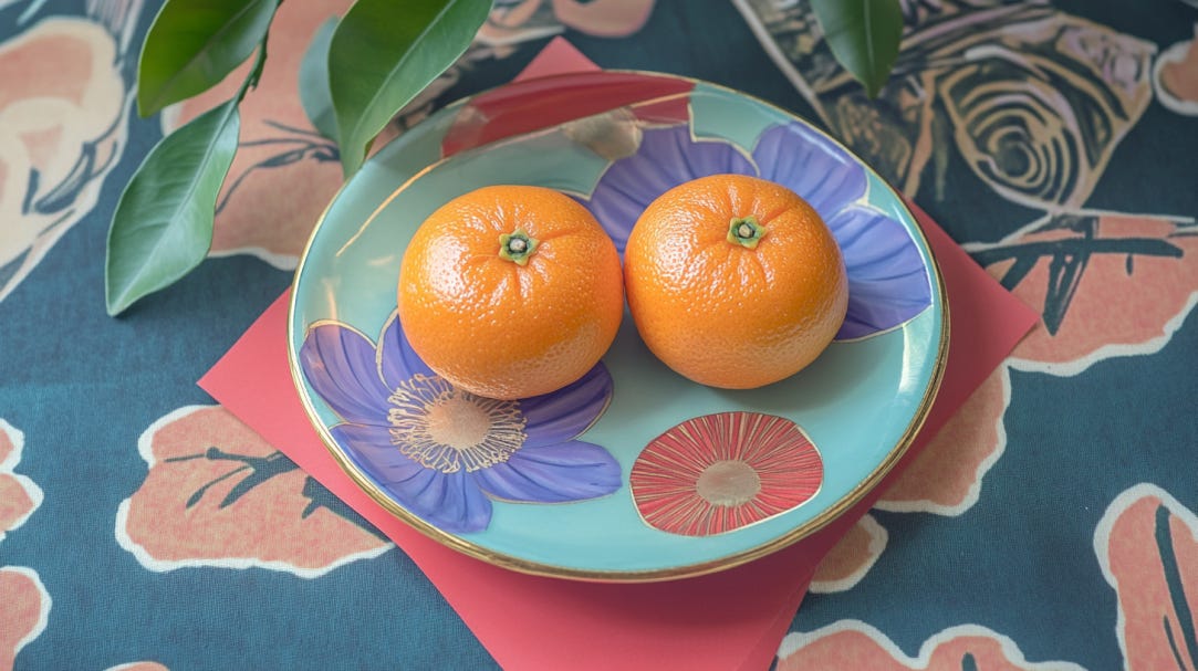 top down view of Two mandarin oranges placed on a red envelope against lunar new year festive backdrop, China forbidden city. --ar 16:9 --sref 269958386 --v 6.1