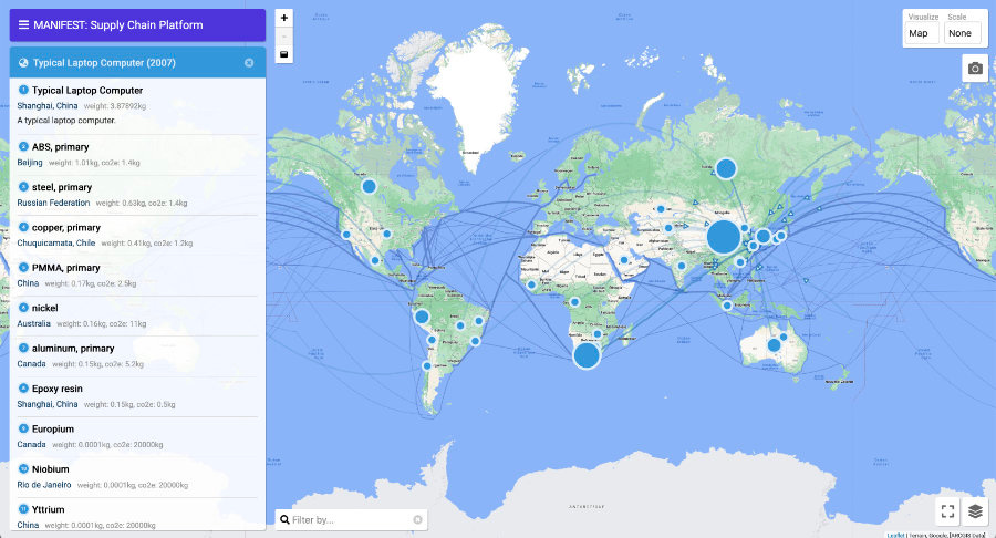 Capture d'écran du site Manifest, présentant une carte des flux de matières nécessaires à la fabrication d'un ordinateur protable