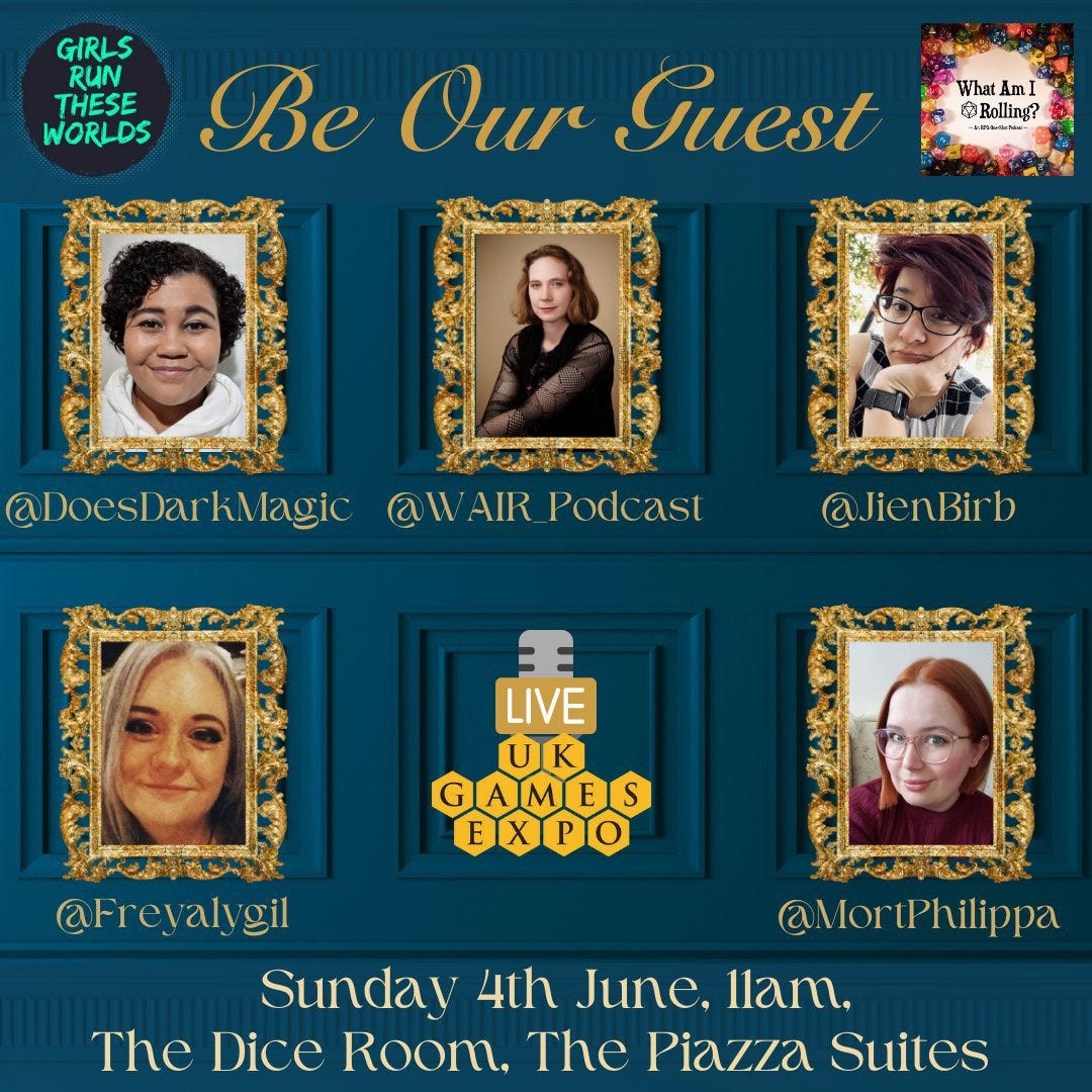 Promo image for the Be Out Guest live show, showing images of Fiona from @WAIR_Podcast as GM, and the players; Liv @DoesDarkMagic, Jien @JienBirb, Steph @Freyalygil, and me! Philippa @MortPhilippa