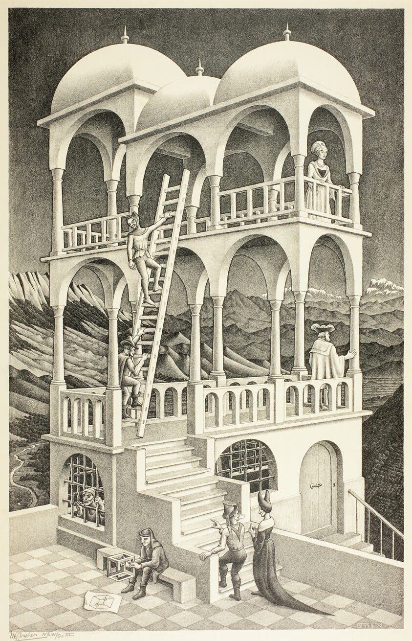 escher's "belvedere" -- tower with impossible geometric shapes