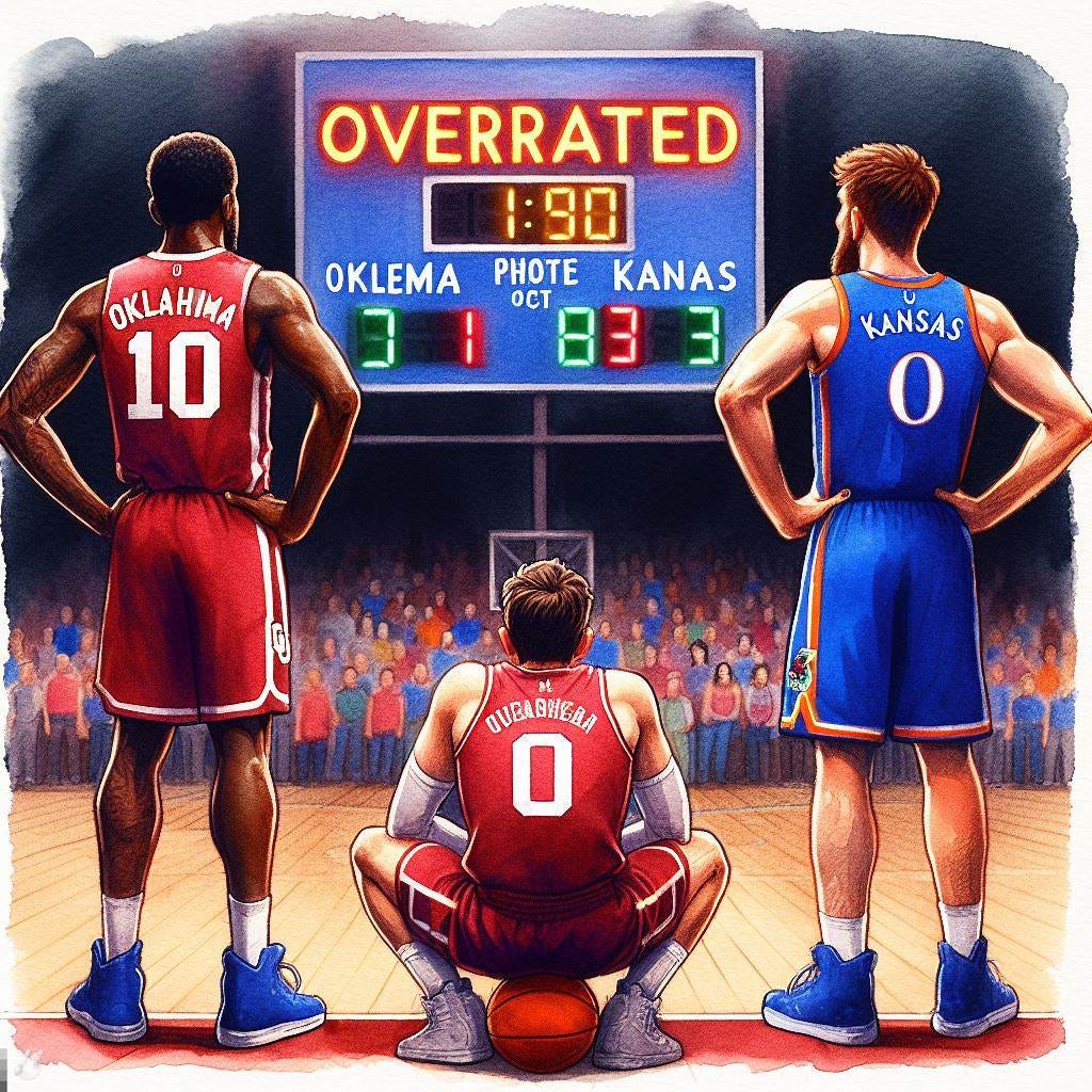 Men in Oklahoma and Kansas basketball uniforms staring at a scoreboard that reads OVERRATED, watercolor