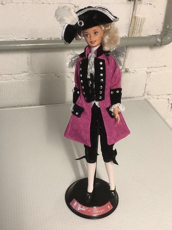 A Barbie doll dressed up as George Washington