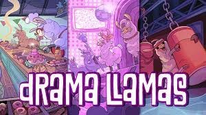 Cover of Drama Llamas by Button Kin Games. Shows 3 scenes of llama reality tv shows: llamas cooking, llamas receiving a prize, and a llama swinging over water on an obstacle course.