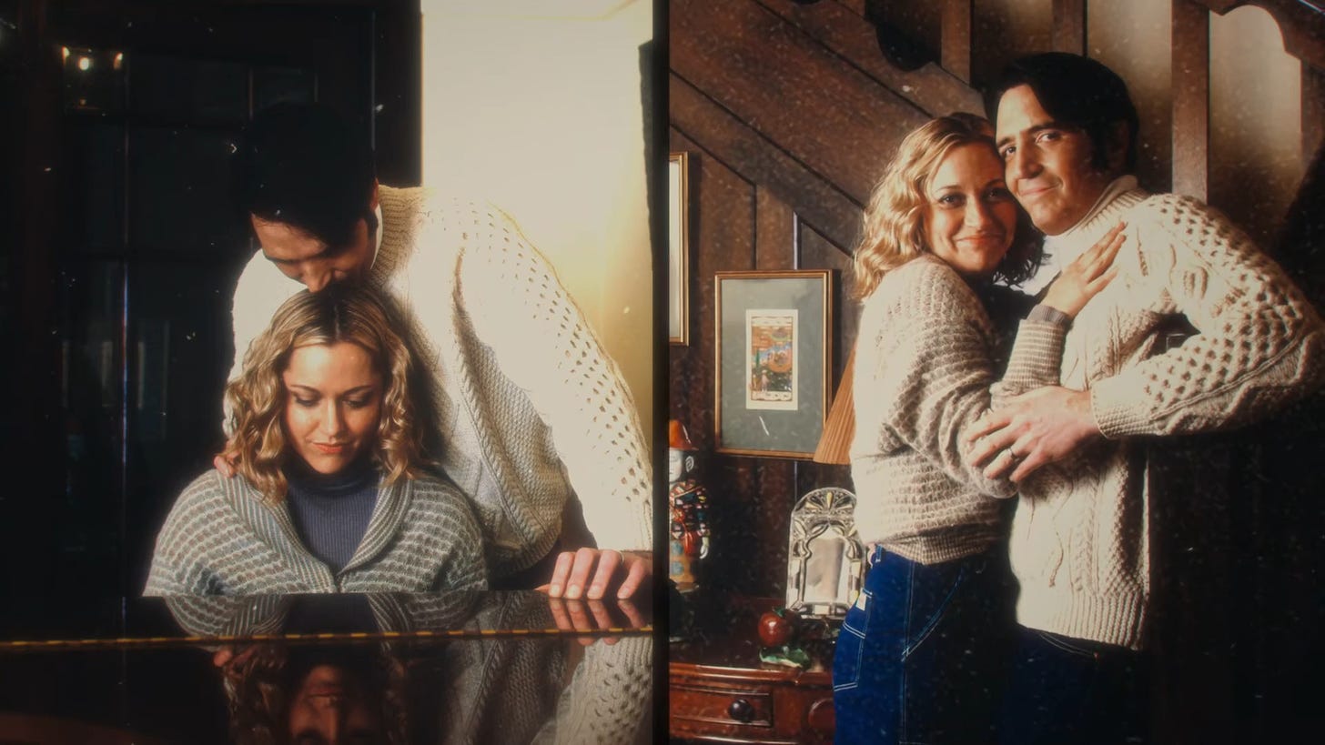 A two-panel split featuring David Dastmalchian as Jack Delroy and Georgina Haig as Madeleine Piper in LATE NIGHT WITH THE DEVIL. In the left panel, Madeleine is sitting at the piano while Jack kisses her head. In the right panel, they're posing together in sweaters like they're an Instagram couple; Jack's is a white Aran sweater.
