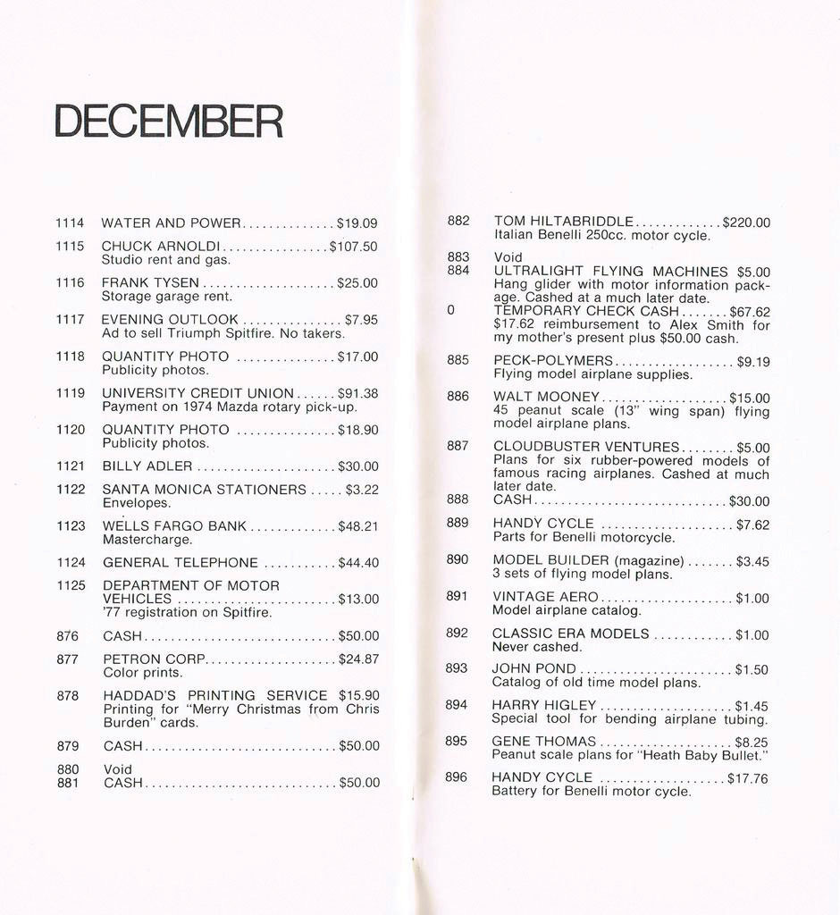 A page from Chris Burden's pamphlet, Full Financial Disclosure, 1977, showing the month of December.