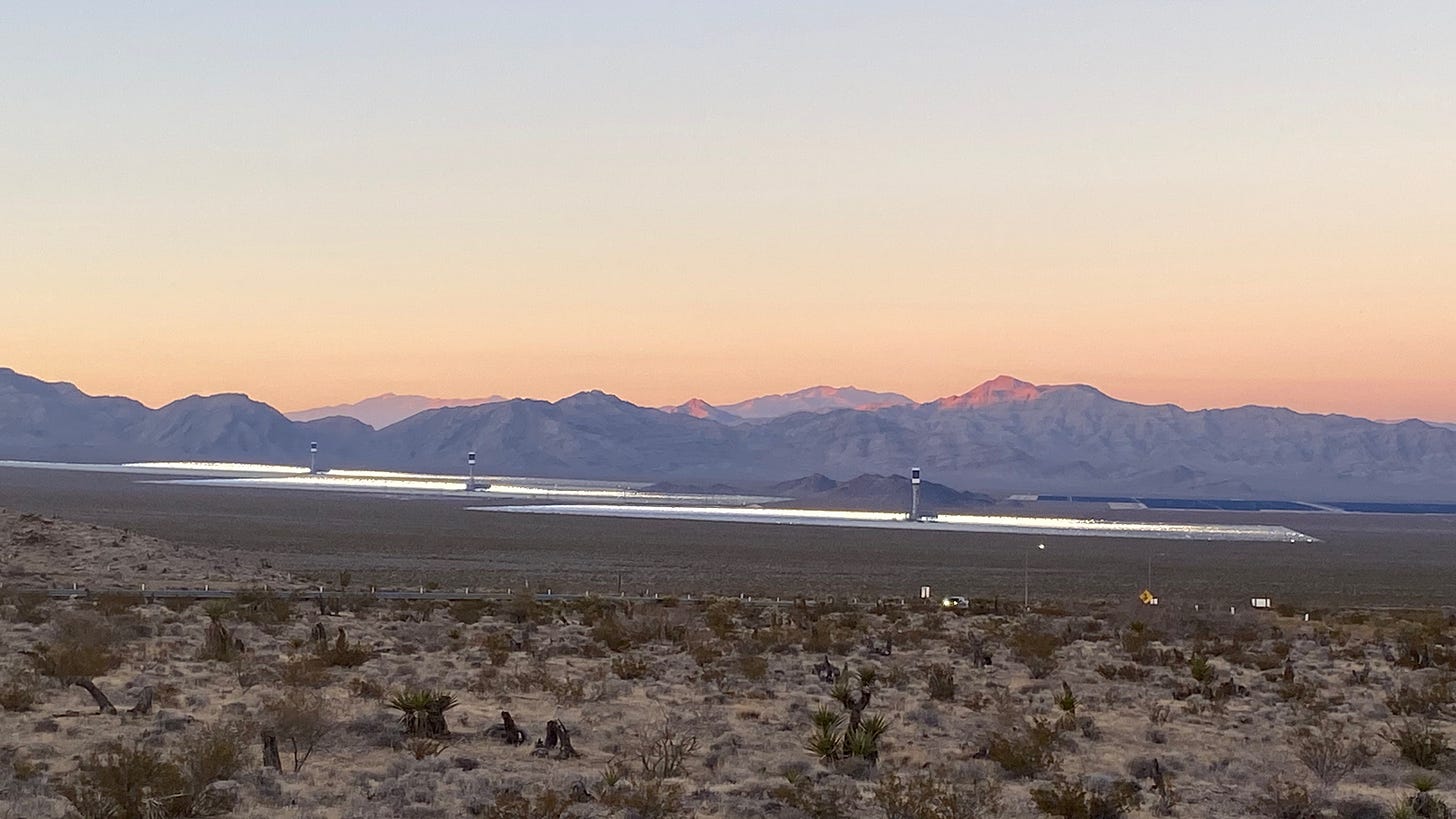 in the middle distance, between spiky desert plants in foreground and beautiful purpling mountains in the distance, the three Ivanpah towers are surrounded by a sea of mirrors.