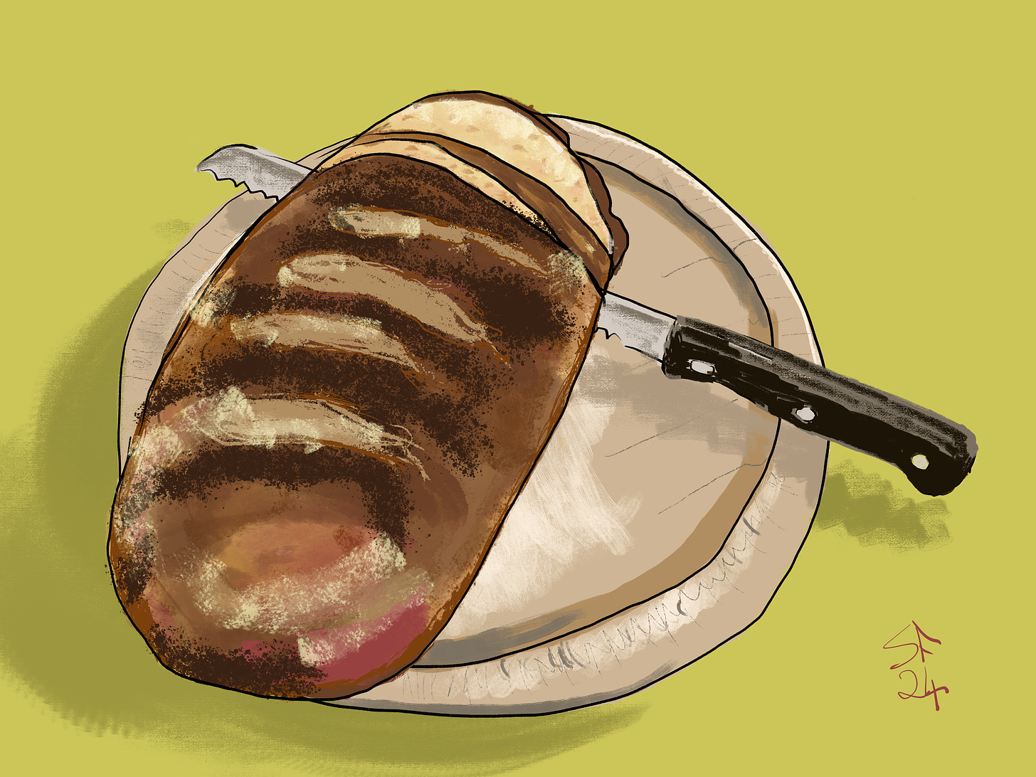 Cartoon: loaf of bread with a bread knife cutting into it, on round bread board.
