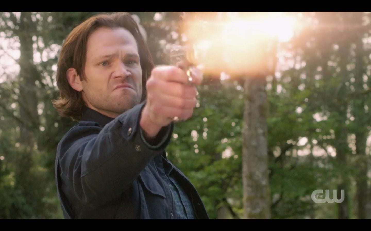 Sam Winchester shoots at demon Chuck after throwing Dean SPN 14.20