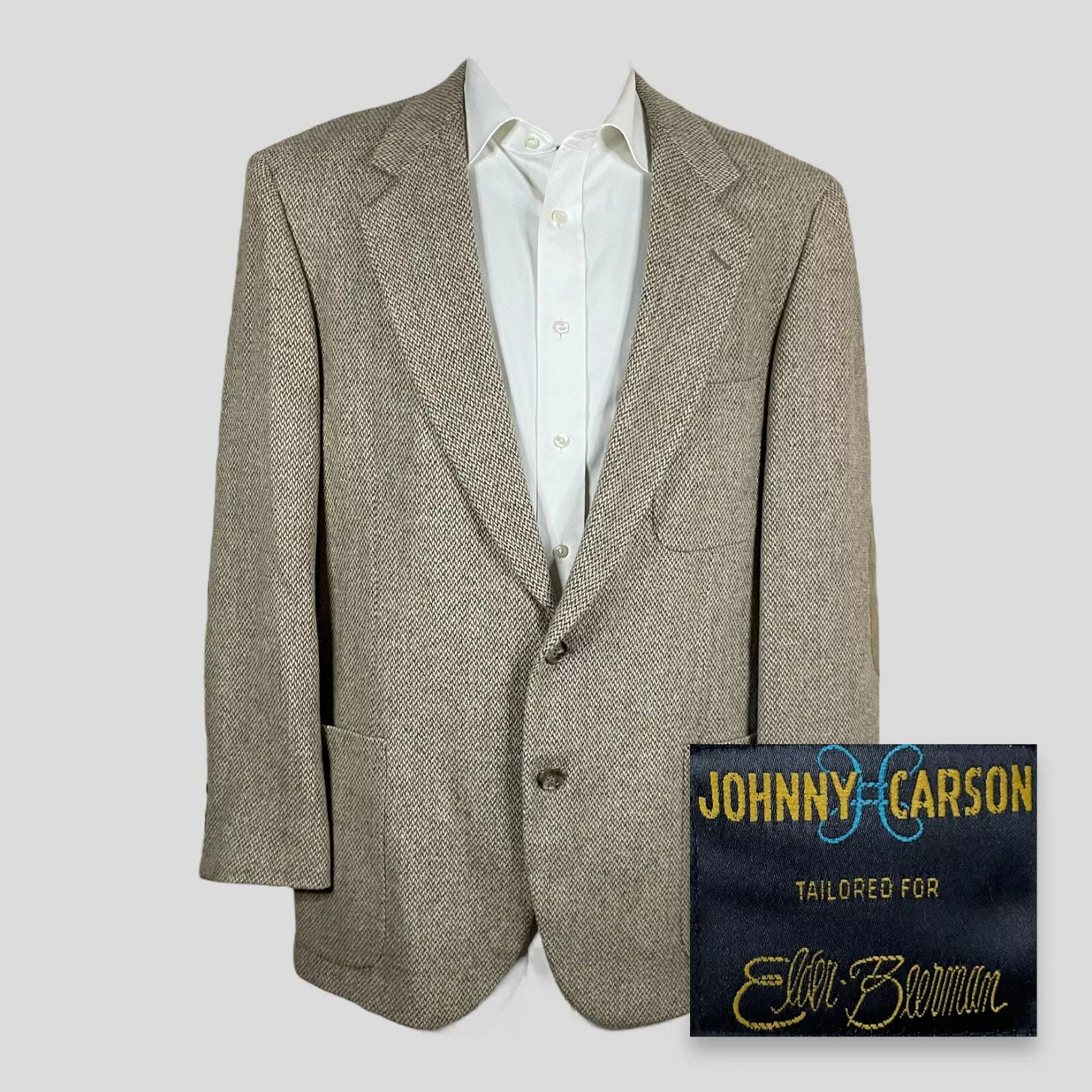 Vintage Johnny Carson Sport Coat Blazer Mens 44R Light Beige Tweed Elbow Patch - Picture 1 of 10