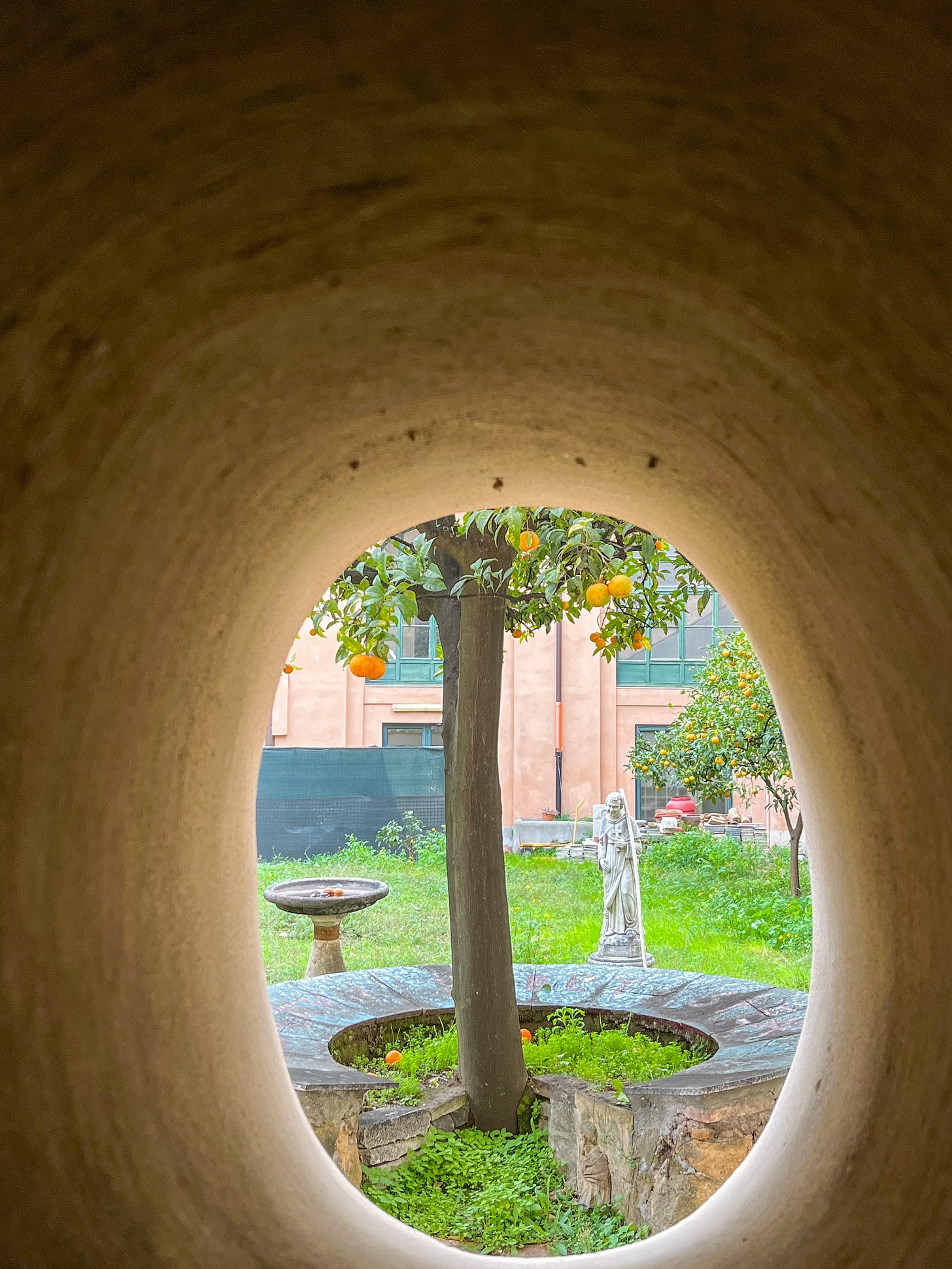 View of an orange tree in a courtyard through a rounded tunnel opening in Rome. Photo by Michelle Ciani
