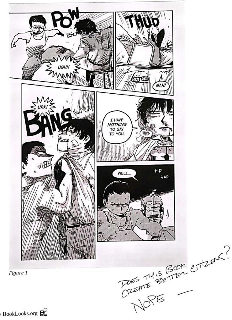 A police interrogation scene from "Banned Book Club" by Kim Hyun-sook, Ko Hyung-ju and Ryan Estrada, is included in a complaint against the book, with a note written by Bruce Friedman. Screenshot from No Left Turn in Education