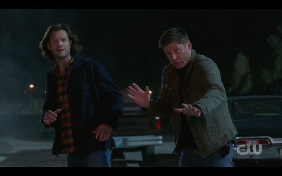 Winchester brothers see Garth blowing up warehouse SPN 1510