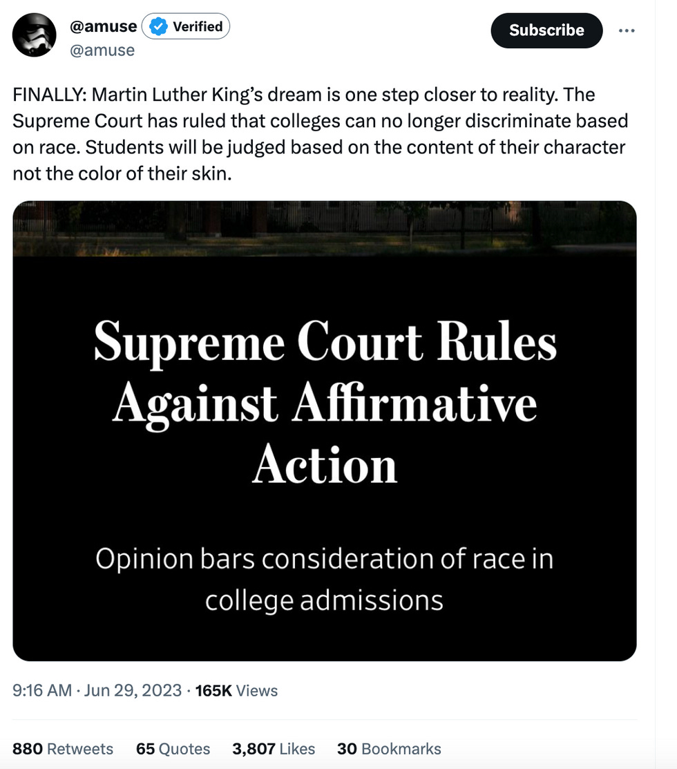 FINALLY: Martin Luther King\u2019s dream is one step closer to reality. The Supreme Court has ruled that colleges can no longer discriminate based on race. Students will be judged based on the content of their character not the color of their skin.