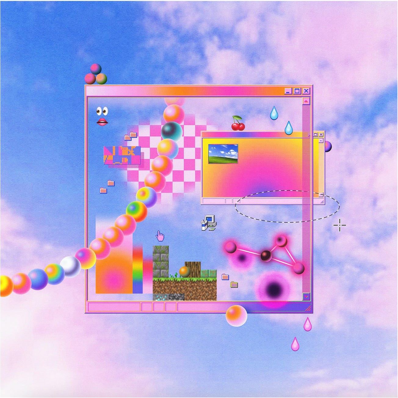 Su un cielo di nuvole rosate si staglia una schermata tipo Windows che contiene diversi elementi del web degli anni Novanta: forme geometriche, colori psichedelici, icone di Windows, e una collana di perle colorate. Su un cielo di nuvole rosate si staglia una schermata tipo Windows che contiene diversi elementi del web degli anni Novanta: forme geometriche, colori psichedelici, icone di Windows, e una collana di perle colorate.