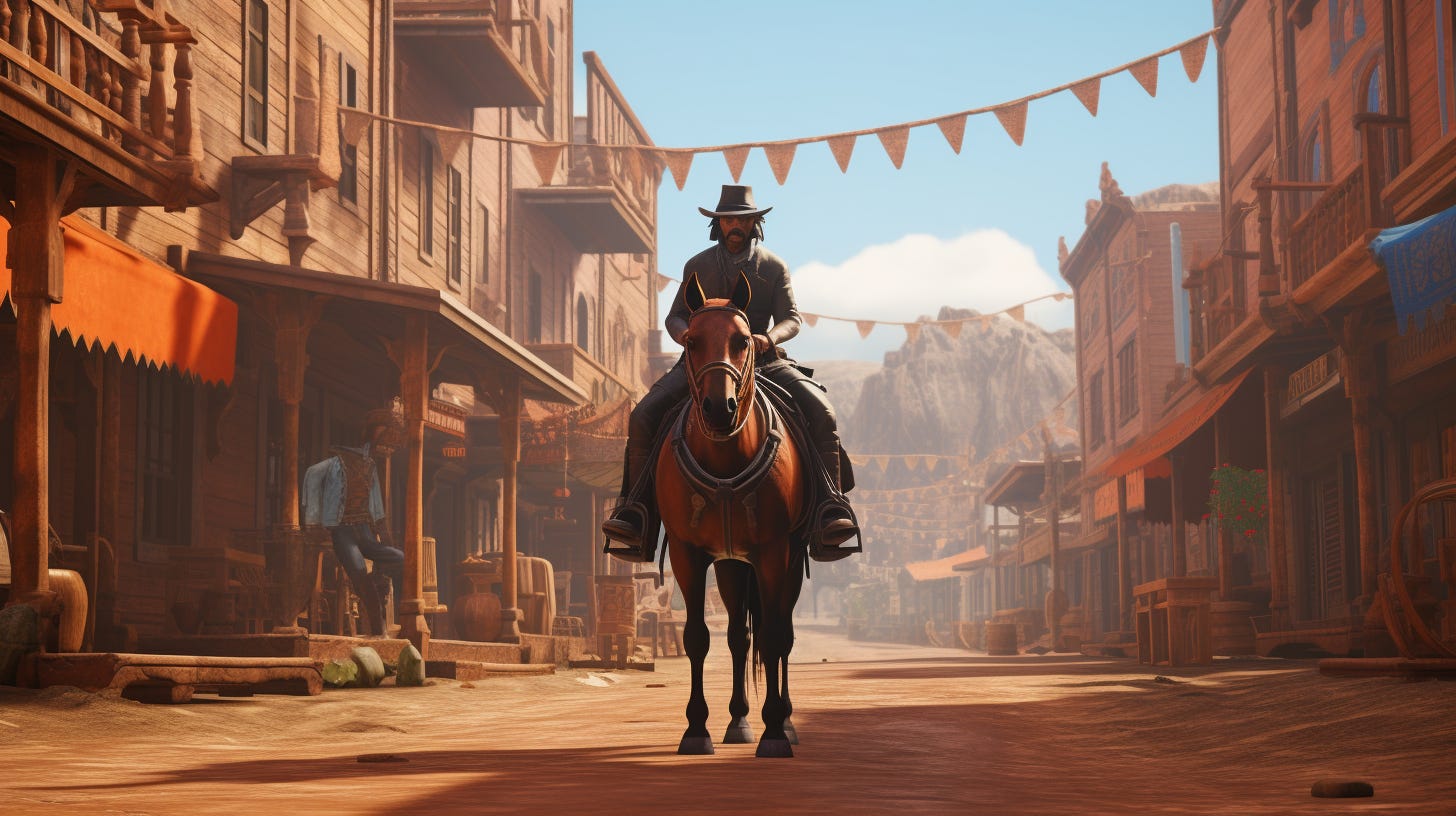 Midjourney prompt: the small town has cowboys and horses, in the style of octane render, ue5, rtx on, neo-traditionalist, transportcore, colors of Burnt Orange and Air Superiority Blue --no airplanes --ar 16:9 Midjourney prompt: the small town has cowboys and horses, in the style of octane render, ue5, rtx on, neo-traditionalist, transportcore, colors of Burnt Orange and Air Superiority Blue --no airplanes --ar 16:9