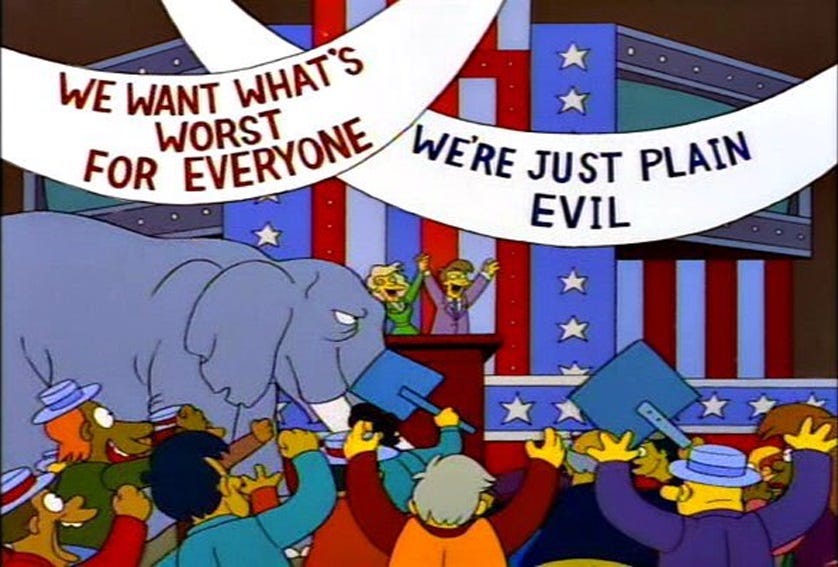 Simpsons screenshot of elephant at political convention, banners read 'We want what's worst for everyone' and 'we're just plain evil'