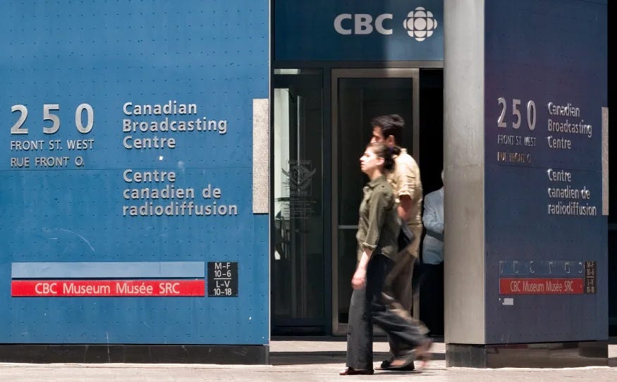 Pedestrians walk in front of the Canadian Broadcasting Corporation (CBC) building in downtown Toronto on June 7, 2006.