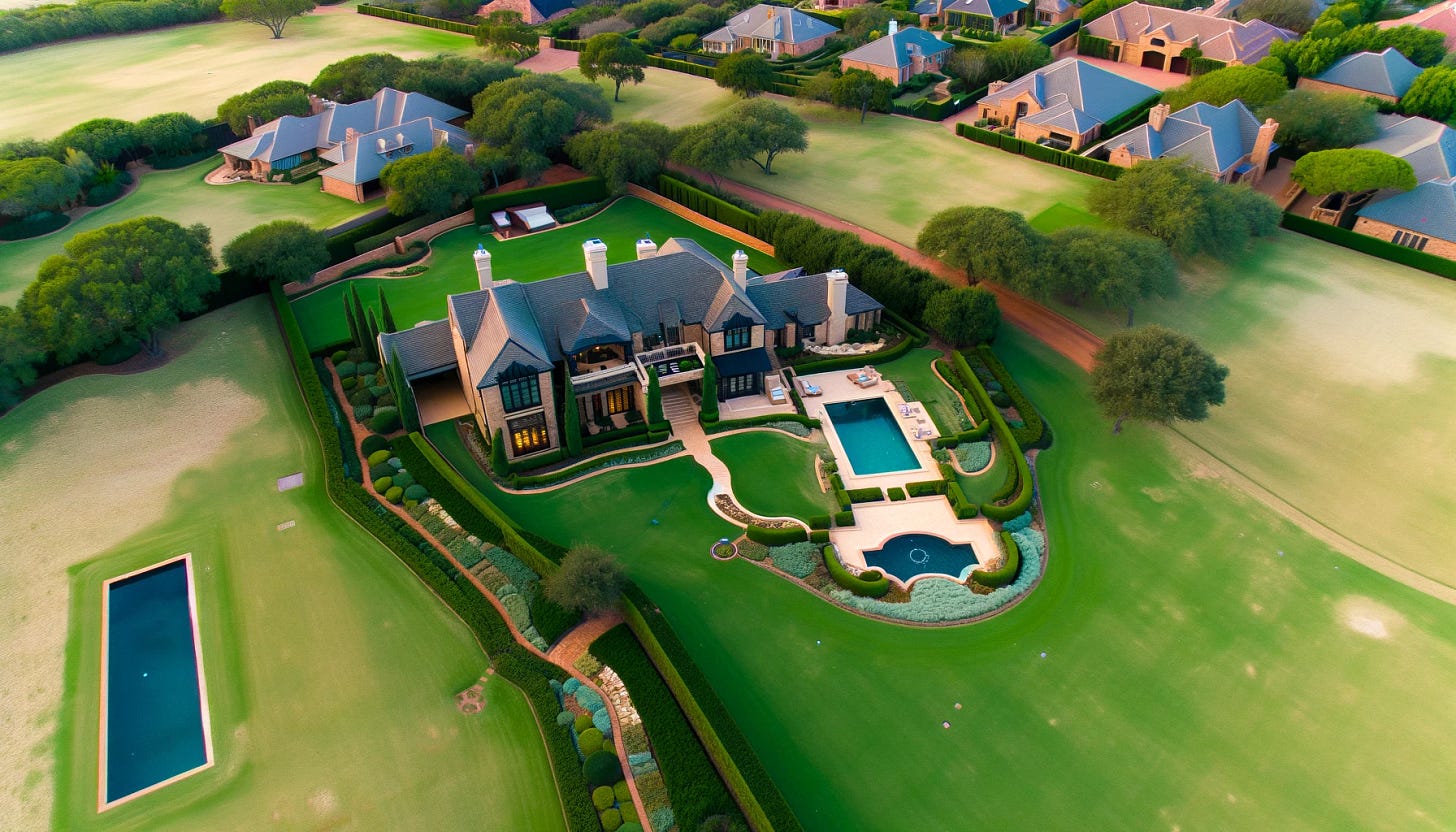 A stunning aerial view of a luxury property captured by a drone, highlighting the beautiful landscape and architecture. The property features a large, elegant house with a pool, surrounded by lush greenery and perfectly manicured lawns. The image should convey professionalism, sophistication, and the high-quality work of a drone video production company.