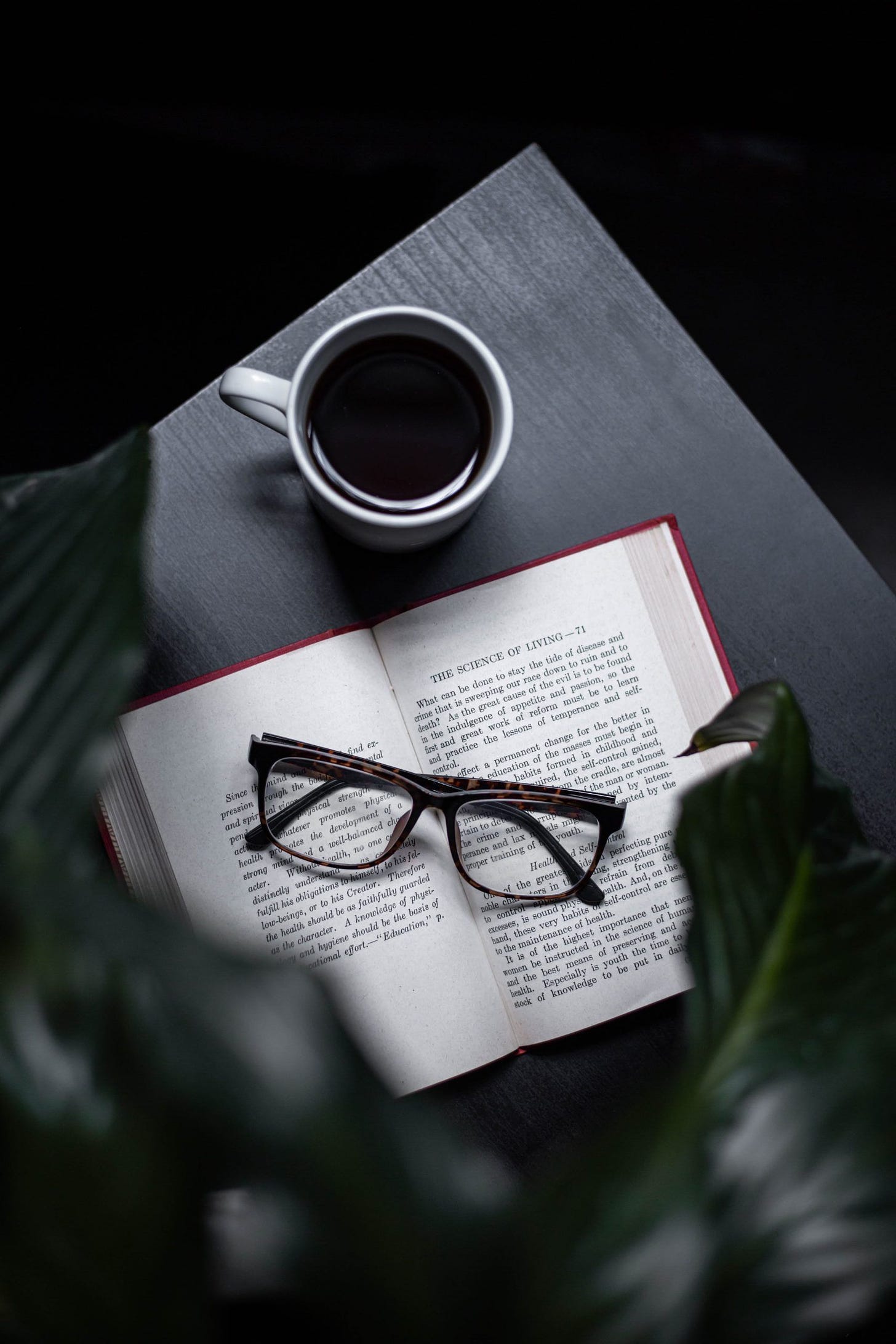 glasses on open book with coffee