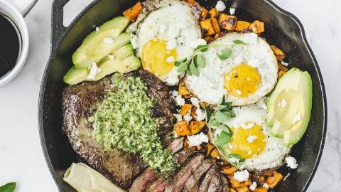 Steak and Eggs Skillet with Chimichurri and Sweet Potatoes