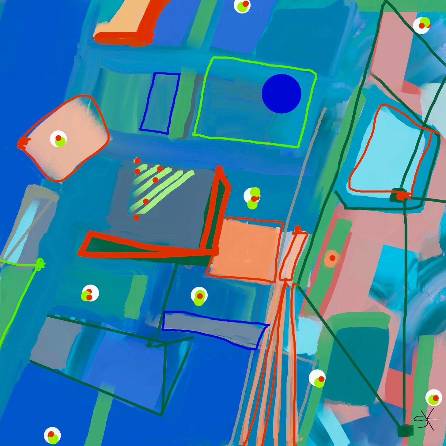 Abstract painting by Sherry Killam Arts with blue, orange, and green geometric shapes arranged disorderly.