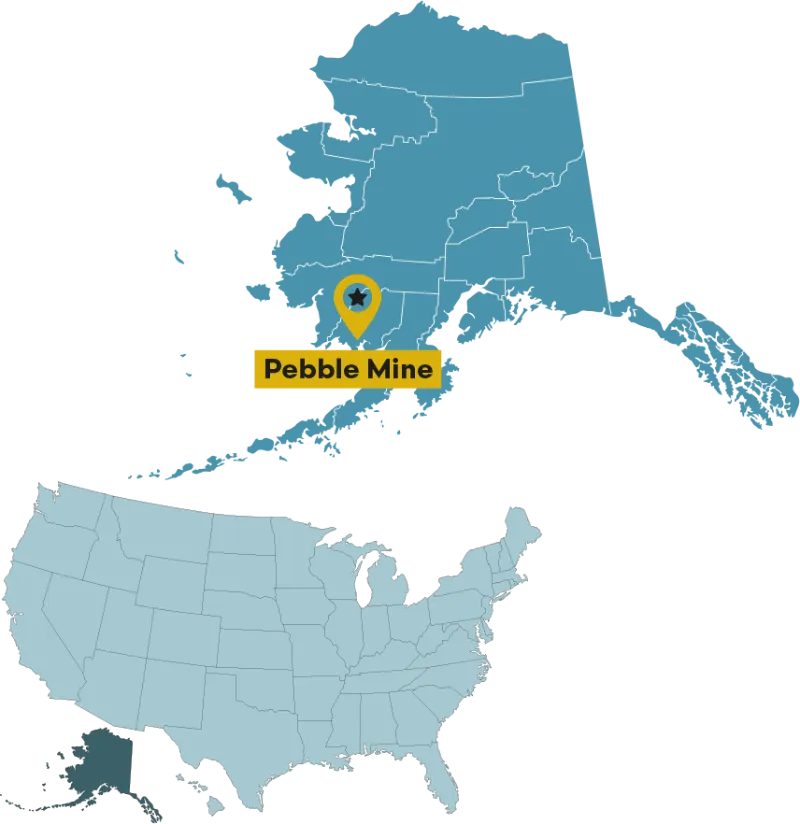 US Map highlighting Pebble Mine in Alaska