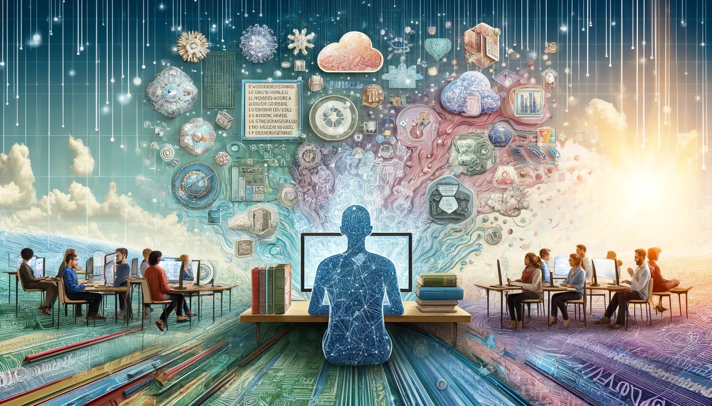 A digital collage depicting a newsletter about building a career in data engineering. The image features an abstract sea of technology symbols like code, circuits, and data streams. Central to the composition is a figure of a person, partially transparent, seated at a desk in front of a computer, symbolizing focus and determination. The environment around the figure shows educational tools, books, and floating screens displaying charts and graphs. Integrate motifs of soft skills like a group of diverse people discussing around a table, and a serene outdoor scene representing walks and hydration. Include visual representations of the five learning principles mentioned in the newsletter.
