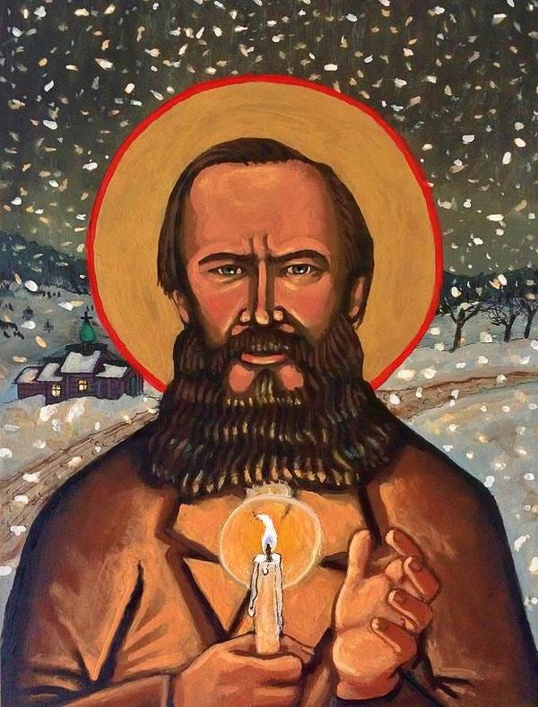 An icon of Fyodor Dostoyevsky shows a bearded man with brown hair standing against a snowy landscape. He is holding a lit candle.