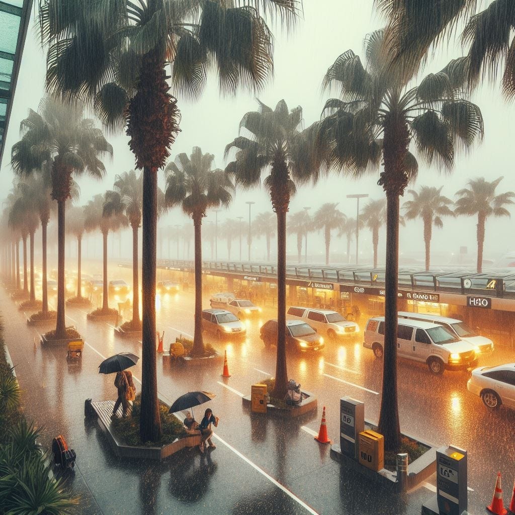 An AI-generated image of a heavily trafficked, rainy road at an airport lined by palm trees