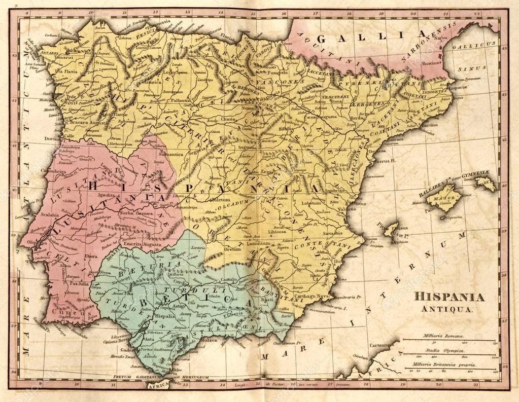 Detailed map of the Iberian Peninsula at the time of the Roman E — Stock Photo, Image