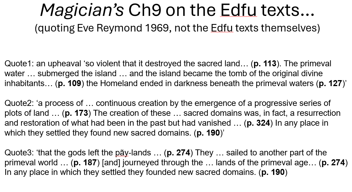 Block quotes from Magician's Ch9 with citations placed in the text

Quote1: an upheaval ‘so violent that it destroyed the sacred land… (p. 113). The primeval water … submerged the island … and the island became the tomb of the original divine inhabitants… (p. 109) the Homeland ended in darkness beneath the primeval waters (p. 127)’

Quote2: ‘a process of … continuous creation by the emergence of a progressive series of plots of land … (p. 173) The creation of these … sacred domains was, in fact, a resurrection and restoration of what had been in the past but had vanished … (p. 324) In any place in which they settled they found new sacred domains. (p. 190)’

Quote3: ‘that the gods left the pãy-lands … (p. 274) They … sailed to another part of the primeval world … (p. 187) [and] journeyed through the … lands of the primeval age… (p. 274) In any place in which they settled they founded new sacred domains. (p. 190)