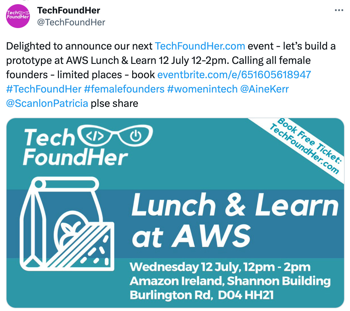 Tweet about the next TechFoundHer event, Lunch and Learn at AWS.