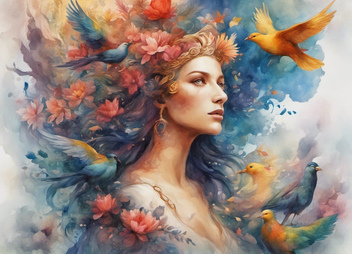 Greek Goddess, Supportive Universe, Surrounded by Birds and Plants, Flowers, Water Color. Featured Image in Find Meaning in Adversity Blog by Joaquin Roibal, post title "Support Those Who Support You".