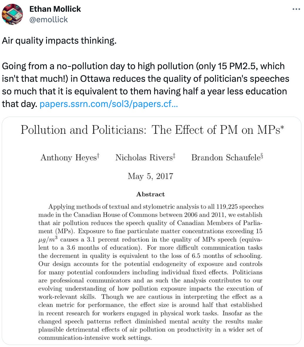  Ethan Mollick @emollick Air quality impacts thinking.  Going from a no-pollution day to high pollution (only 15 PM2.5, which isn't that much!) in Ottawa reduces the quality of politician's speeches so much that it is equivalent to them having half a year less education that day. https://papers.ssrn.com/sol3/papers.cfm?abstract_id=2852886