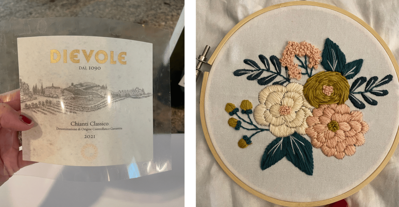 On the left is a picture of a wine bottle and on the right is a hand stitch embroidery of some flowers. On the left is a picture of a wine bottle and on the right is a hand stitch embroidery of some flowers.