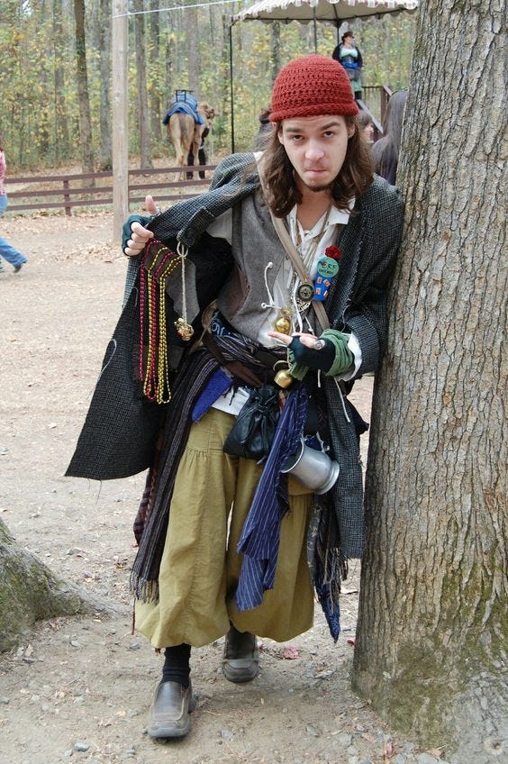 I think this guy is at a renfaire somewhere; he accurately captures the grungier, messier, punk-adjacent side of goblincore. https://www.pinterest.com/pin/10977592833987093/
