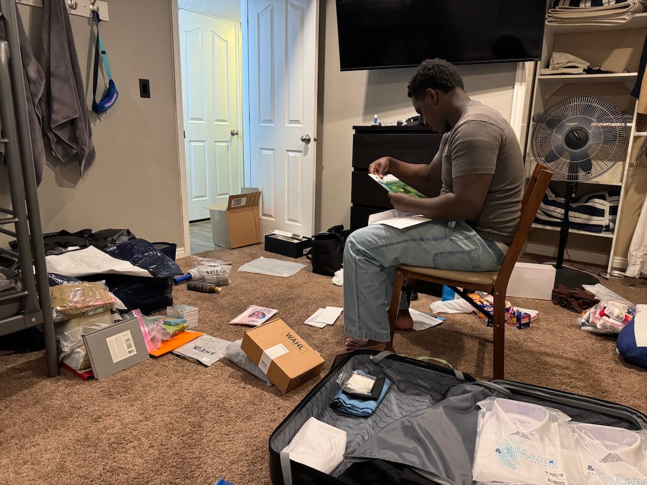 Boy packing supplies in his luggage