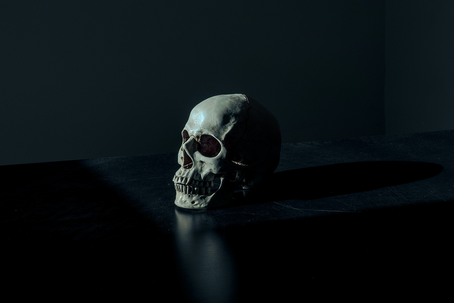 A skull sits on a surface against a black background.