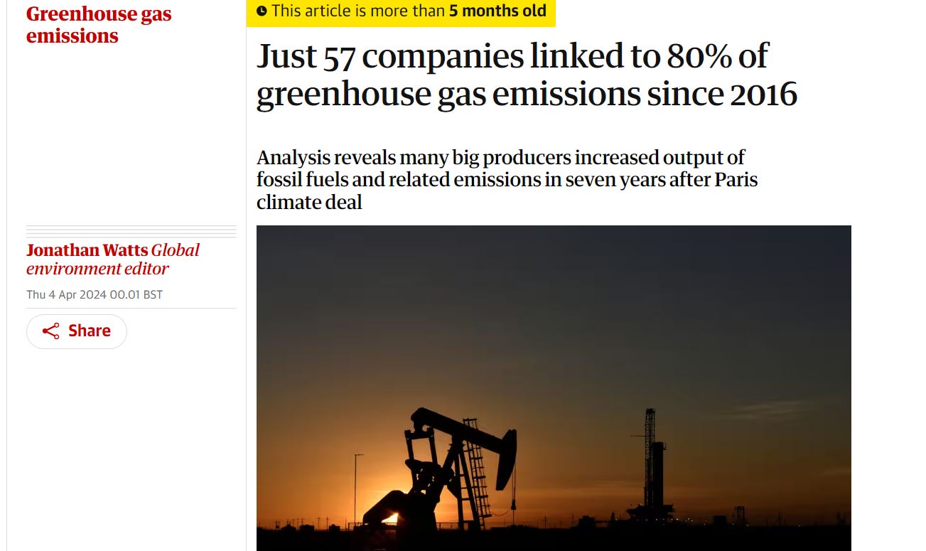 Headline reads: "Just 57 companies linked to 80% of greenhouse gas emissions", April 2024.